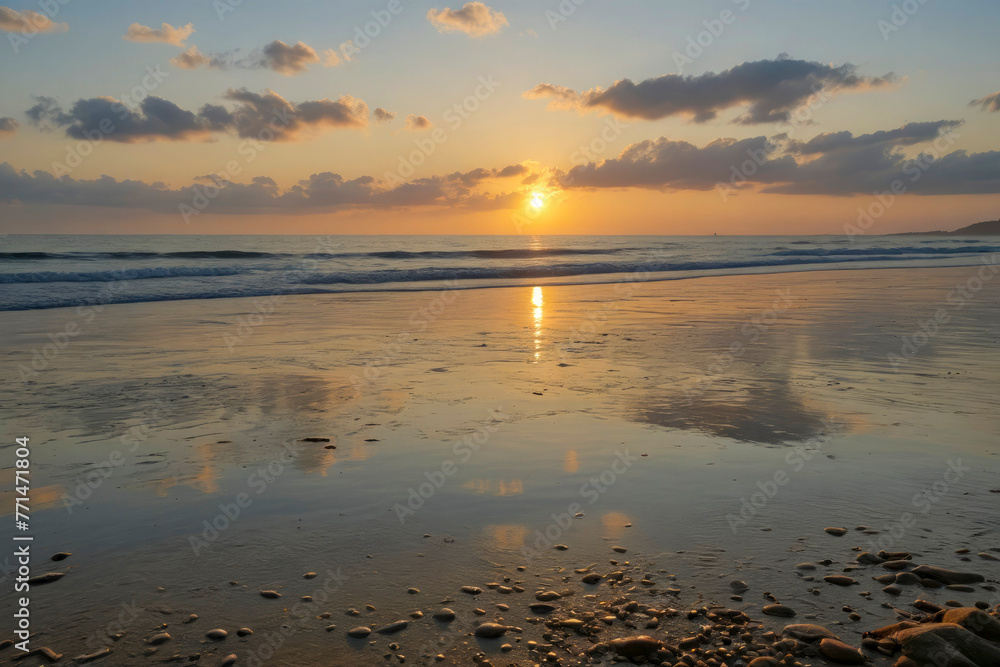 Tranquil scene of sunset with its reflections on the wet sand and gentle sea waves