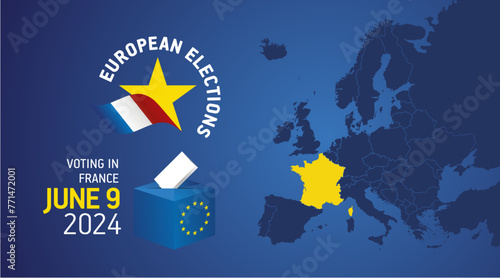 European elections June 9, 2024. Voting Day 2024 Elections in France. EU Elections 2024. French flag EU stars with European flag, map, ballot box and ballot on blue background photo