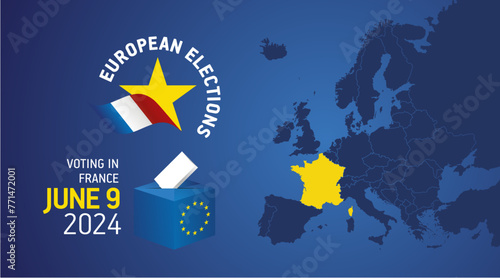 European elections June 9, 2024. Voting Day 2024 Elections in France. EU Elections 2024. French flag EU stars with European flag, map, ballot box and ballot on blue background