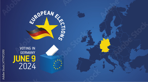 European elections June 9, 2024. Voting Day 2024 Elections in Germany. EU Elections 2024. German flag EU stars with European flag, map, ballot box and ballot on blue background