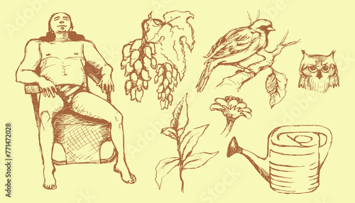 Rest in the country. A series of sketch images for your project. Cottager in a deck chair, vine, watering can, plant, flower, bird on a branch, owl. Vector set.eps