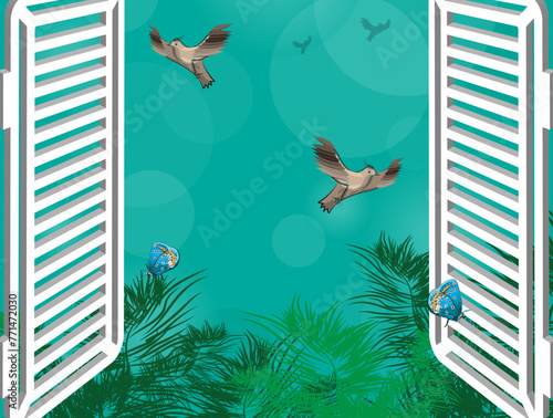 Beautiful landscape outside the window. Open white shutters, tropical plants, butterflies, birds. Vector illustration