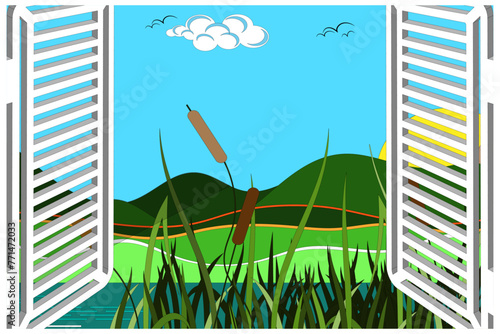 Beautiful landscape outside the window. Open window shutters, coastal zone, river, reeds, clouds, birds. Vector illustration