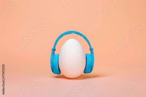 White Easter egg with blue headphones. Ai generative art photo