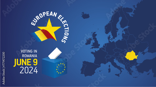European elections June 9, 2024. Voting Day 2024 Elections in Romania. EU Elections 2024. Romanian flag EU stars with European flag, map, ballot box and ballot on blue background photo