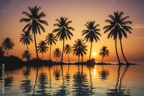 Tropical sunset with palm silhouettes © HEKOLA