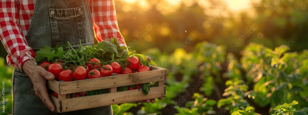 Agriculturist holding a wooden box of freshly harvested vegetables and fresh seasonal emeralds from the garden against a golden sun light - obrazy, fototapety, plakaty 