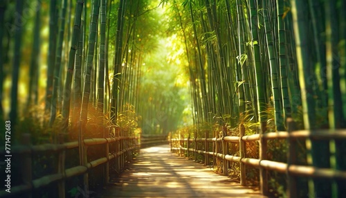 Landscape with a sunlit path in beautiful bamboo forest. Golden hour  bokeh light. 