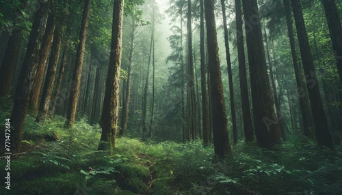 Dark dense green pine forest as background. 