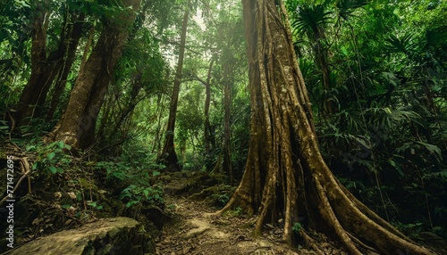 Dense green mossy rain forest trees as background. 