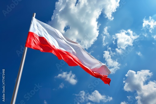 Flaga Polski powiewająca na tle błękitnego nieba. © Jacek