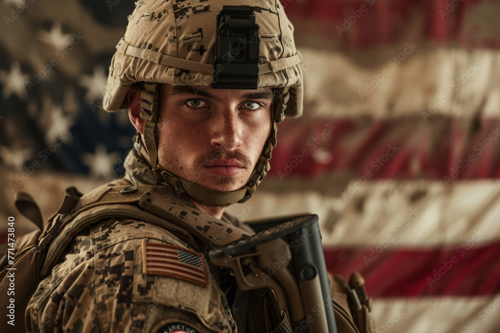 Modern military soldier in USMC gear, with the American flag in the background, portraying the essence of military patriotism. Modern military soldier in USMC gear, with the American flag in the background, portraying the essence of military patriotism.