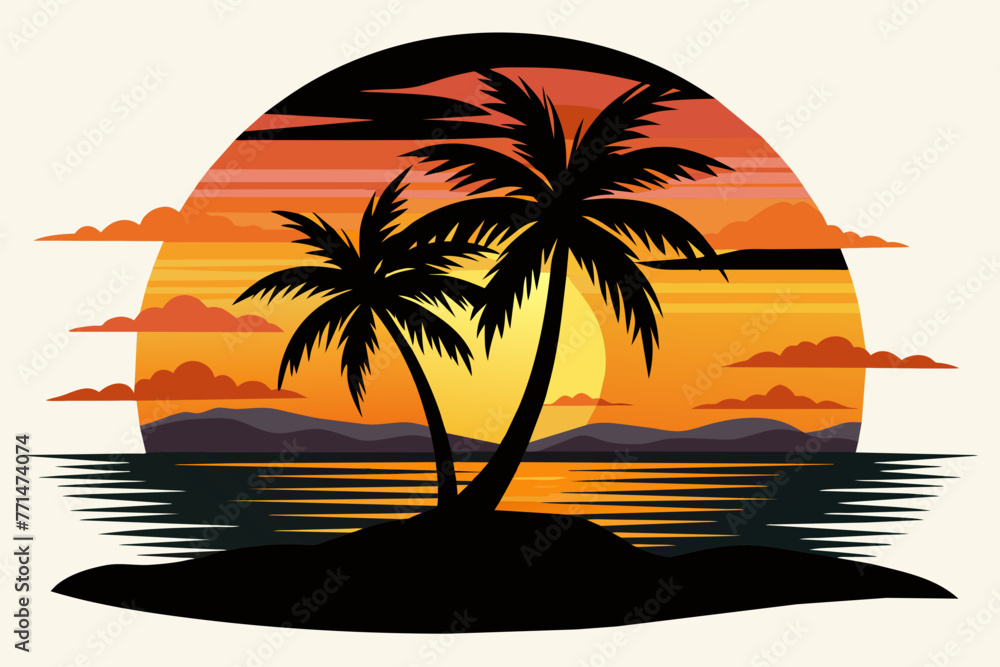 Sea beach sunset with coconut tree black silhouette design.