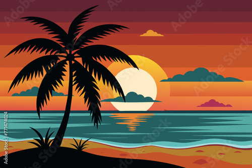 Fototapeta Naklejka Na Ścianę i Meble -  Sea beach sunset with coconut tree black silhouette design.
