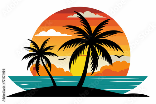 Sea beach sunset with coconut tree black silhouette design.