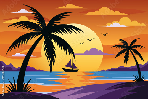 Sea beach sunset with coconut tree black silhouette design. © mk graphics
