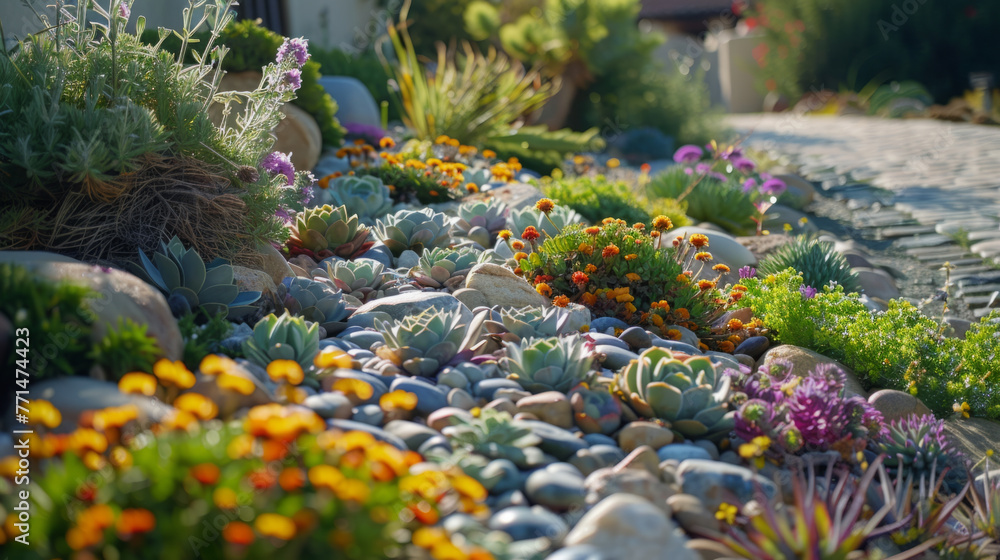 Lush succulent garden with a variety of plants and flowers lining a cobblestone path in bright sunlight, showcasing a tranquil and well-maintained landscape.