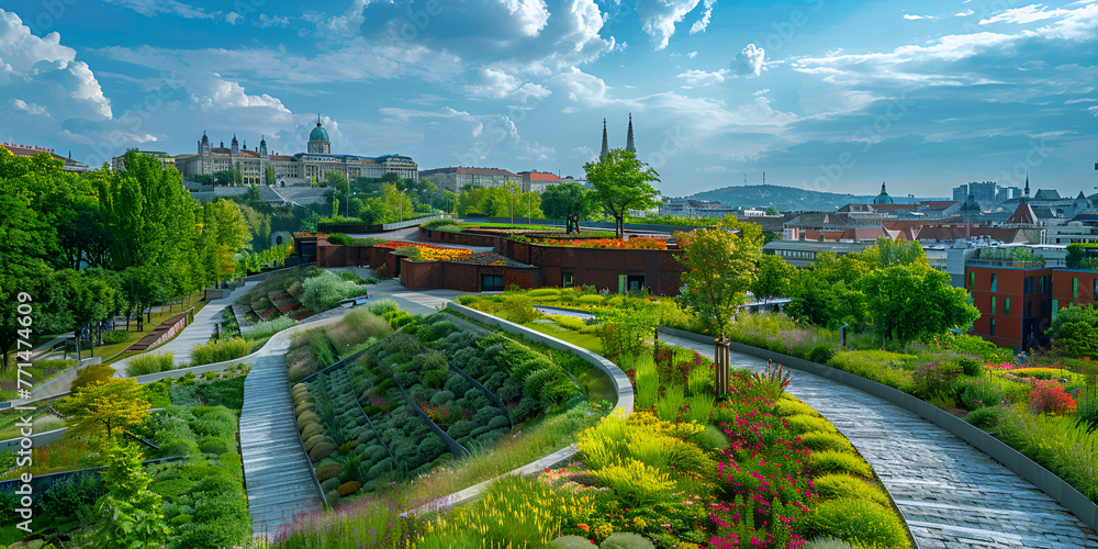 Obraz premium cityscape with the new Museum of Ethnography. roof top garden in Budapest, Hungary. public park. design and architecture concept. modern building. generative ai 