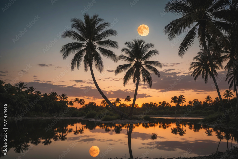 Obraz premium Tropical moonrise over tranquil water