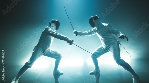 Two fencers engaged in a competitive bout illuminated by dramatic lighting.