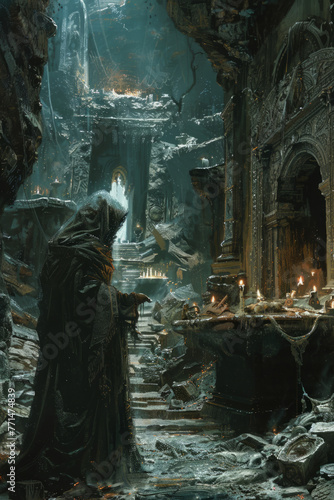 A hooded figure stands in an ancient, candlelit temple ruin with intricate architecture, submerged in shadow and mystery.