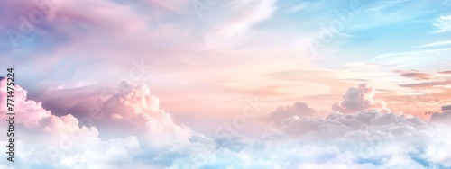 Beautiful background image of a romantic blue sky with soft fluffy pink clouds. Panoramic natural view of a dreamy sky.