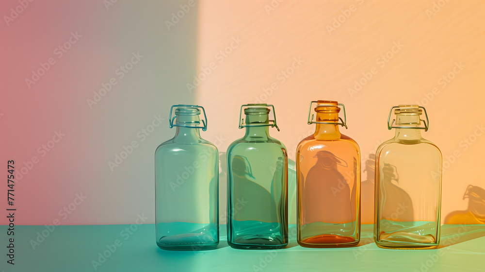 Empty glass bottles with swing-top bale closures bathed in soft pastel sunlight, creating a minimalist aesthetic.
