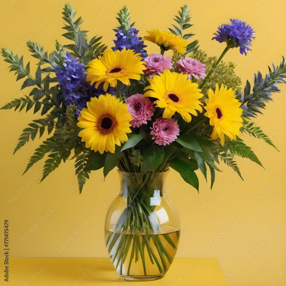 a bouquet of flowers in a vase on a yellow background. text space a bouquet of flowers in a vase on a yellow background. text space