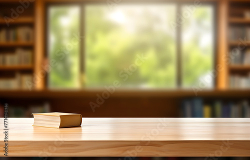 Wooden table with book on blurred background of library with bookshelf