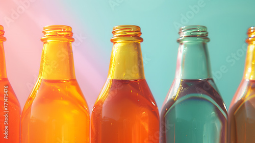 Soda bottles capturing the sunlight flare, showcasing a refreshing range of summer beverage colors against a pastel background. 