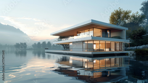 Modern lakeside house with large windows and a flat roof, reflecting on the calm lake surface during a serene morning with soft sunlight and mist over distant mountains. © ChubbyCat