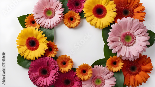 a circle, a frame of gerbera flowers on a white background. text space