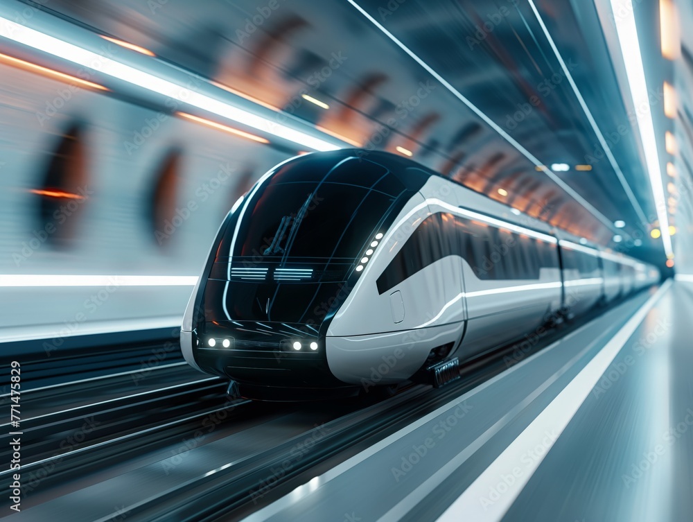 A modern train speeds through a sleek station, capturing the concept of innovation and rapid transit.