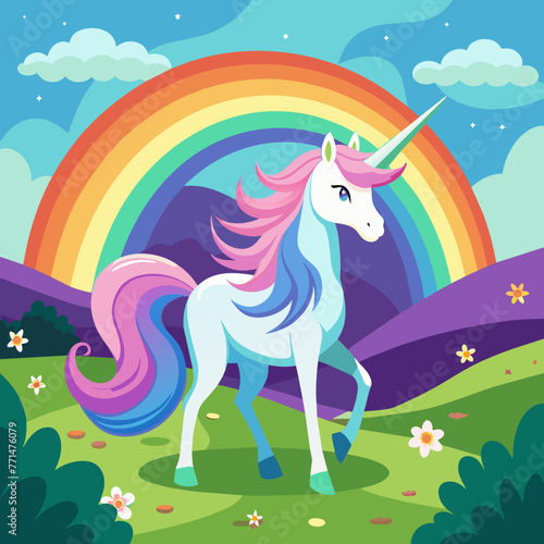 Imagine a serene meadow where a graceful unicorn stands, its iridescent mane flowing gently in the breeze as it gazes at a distant rainbow