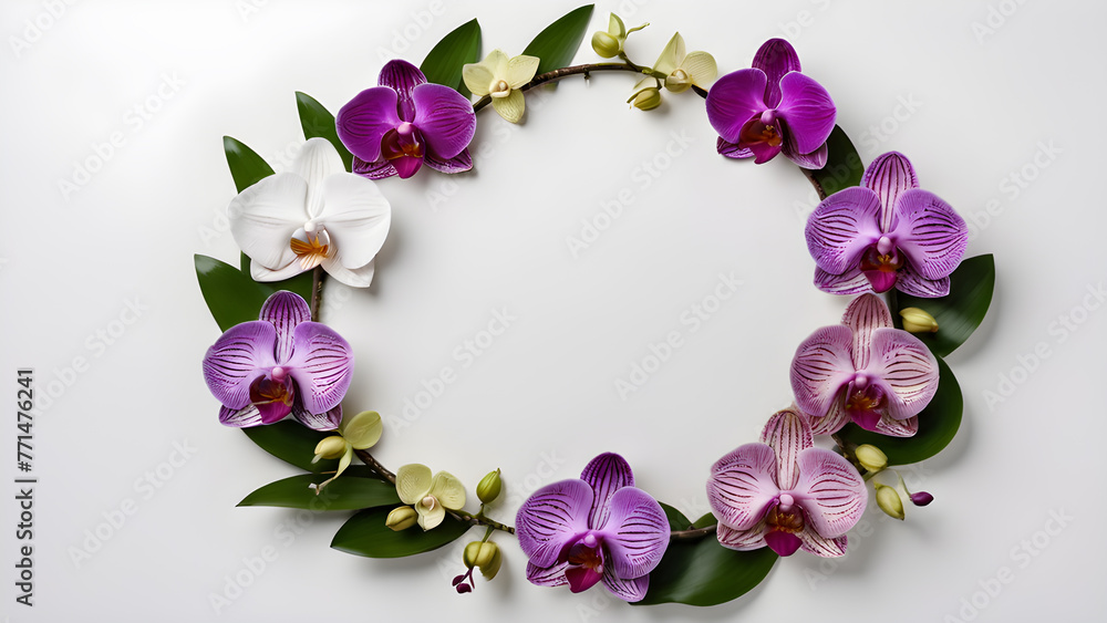 a circle, a frame of flowers on a white background. text space