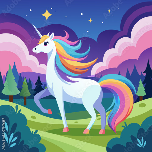 Imagine a serene meadow where a graceful unicorn stands, its iridescent mane flowing gently in the breeze as it gazes at a distant rainbow