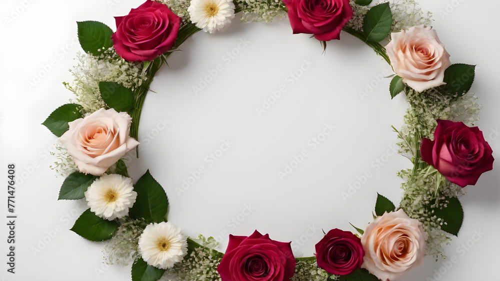 a circle, a frame of rose flowers on a white background. text space