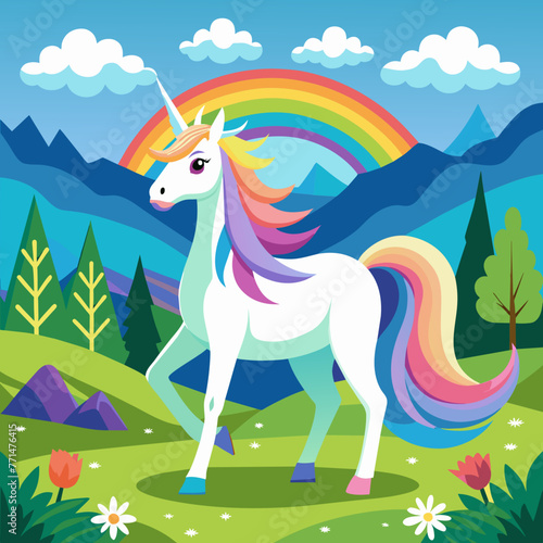 Imagine a serene meadow where a graceful unicorn stands  its iridescent mane flowing gently in the breeze as it gazes at a distant rainbow