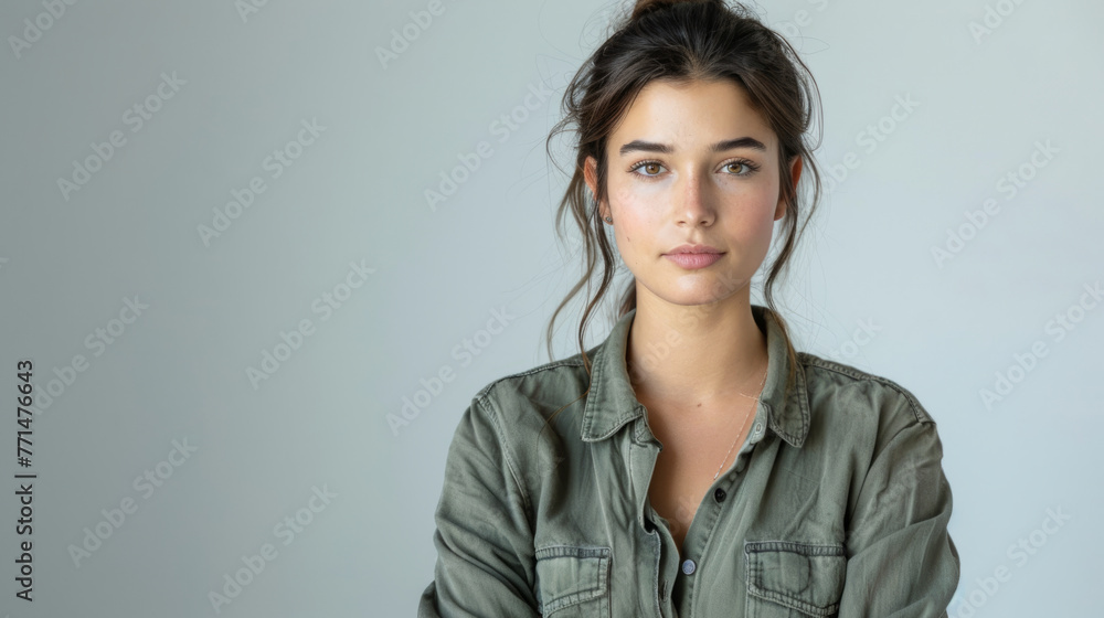 Fototapeta premium A portrait of a young woman with natural makeup, wearing a casual olive green shirt, looking directly at the camera with a neutral expression against a plain grey background.