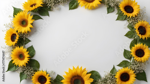 a circle, a frame of sunflower flowers on a white background. text space