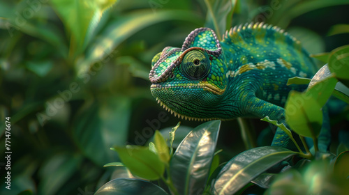 A vibrant chameleon perches among lush green leaves, its skin exhibiting a rich tapestry of greens, blues, and hints of yellow, with its unmistakable swiveling eye in sharp focus.