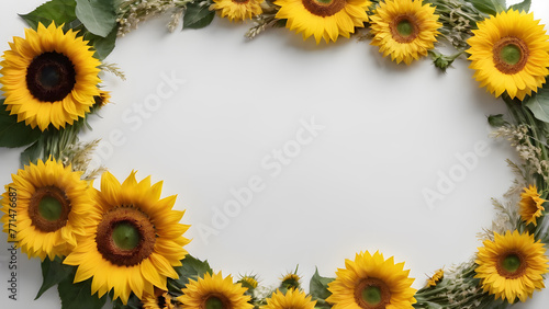 a circle, a frame of sunflower flowers on a white background. text space