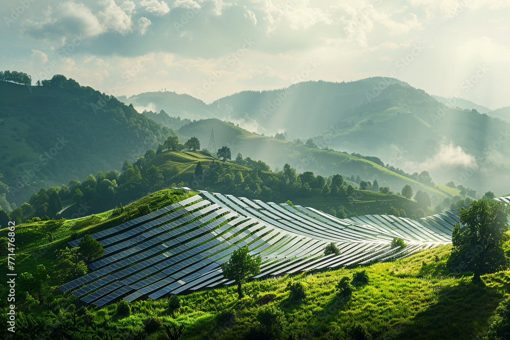 Solar panels atop a scenic hillside, showcasing the blend of natural beauty with sustainable technology for renewable energy. - obrazy, fototapety, plakaty 