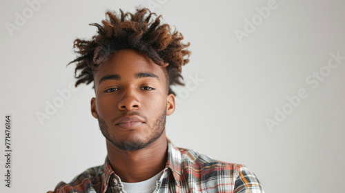 A young man with stylish hair standing confidently in front of a neutral background. He is wearing a casual plaid shirt and has a calm, self-assured expression.