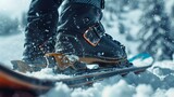 Detailed macro shot of a snowboarder's boots securely strapped onto the board, highlighting the precision and control required in snowboarding.