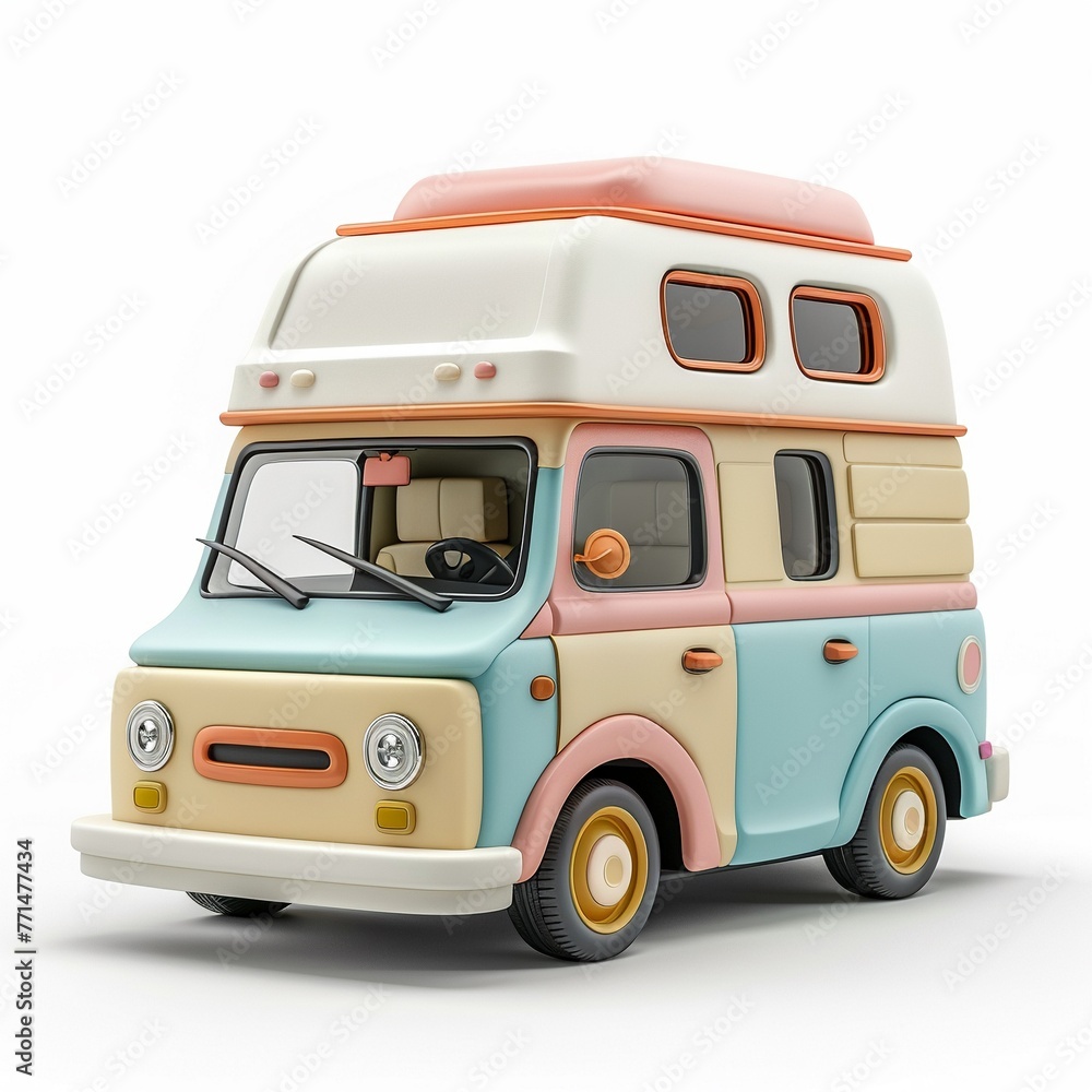 Campervan rendered in 3D clay style pastel color isolated on a solid white background clean and adorable