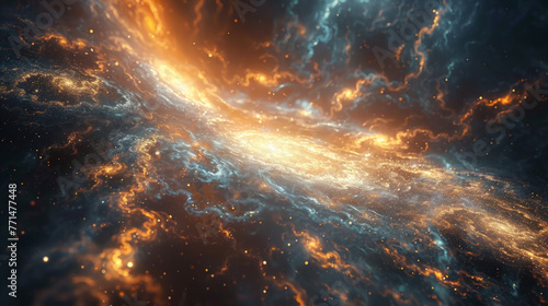 An awe-inspiring cosmic scene showcasing a vibrant galaxy with a swirling mix of fiery orange and cool blue hues