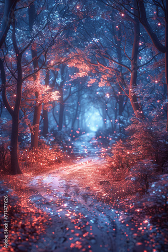Enchanted forest pathway illuminated by magical glowing lights amidst trees, with a mystical foggy atmosphere in shades of blue and pink.