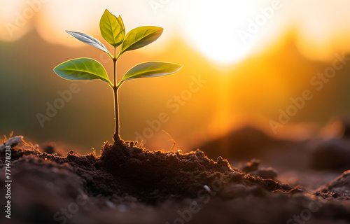 young tree plant growth in soil sunrise