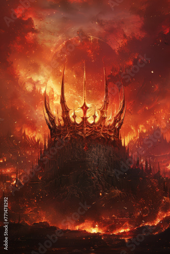 Lava crown. An imposing fantasy castle sits against a fiery backdrop, with molten lava in the foreground and a sky filled with flames and smoke overhead